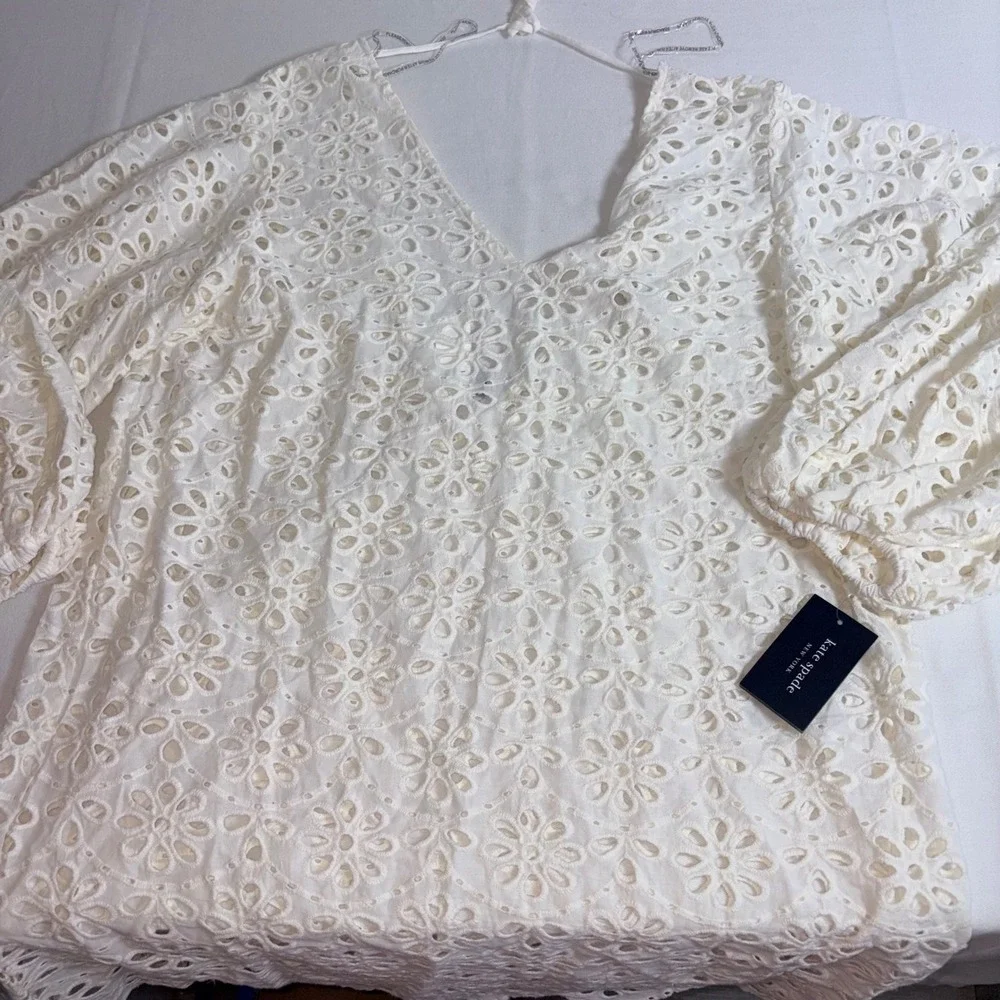 Kate Spade Eyelet Cover-Up Dress medium White NEW Balloon Sleeve Scalloped Boho
